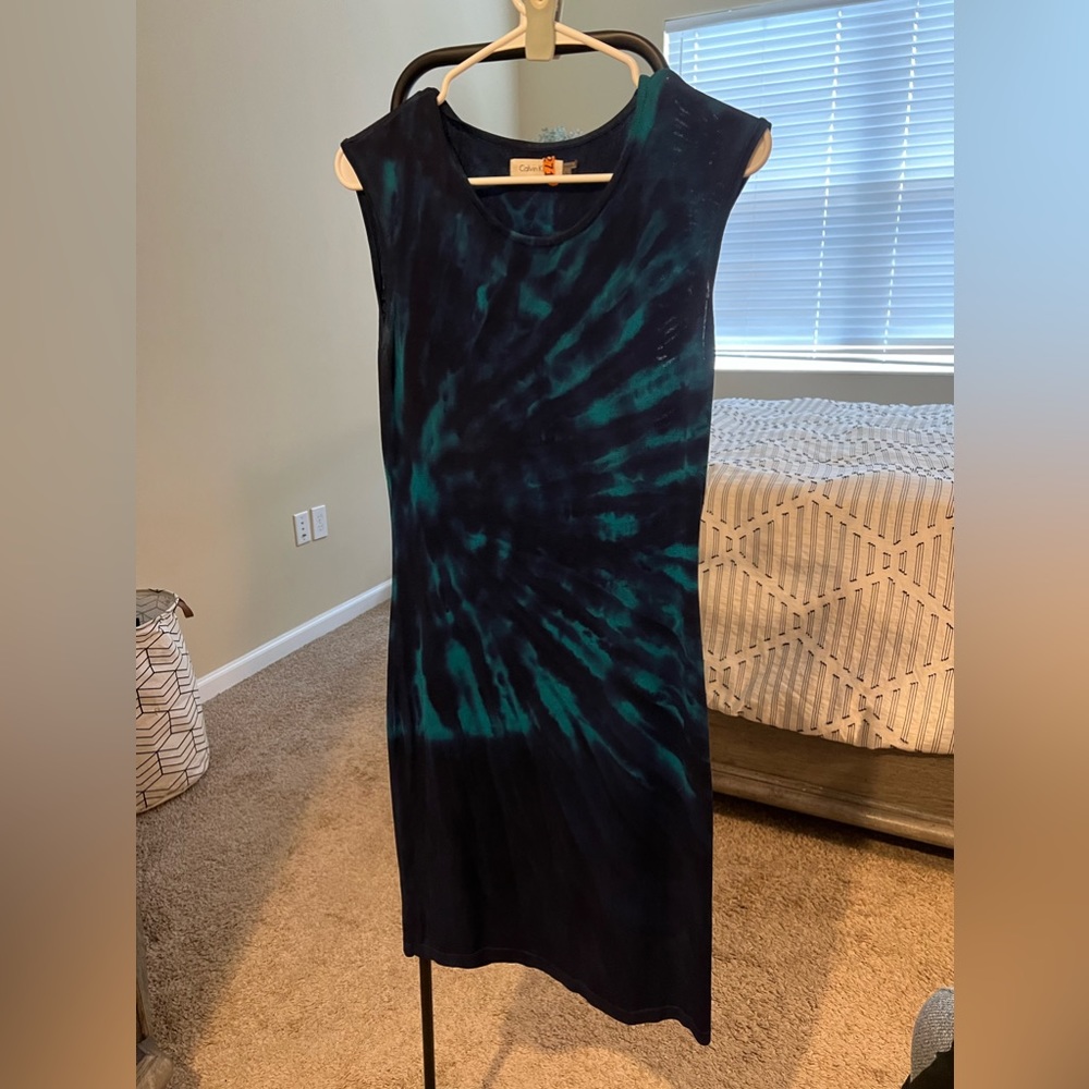 CALVIN KLEIN Navy blue with a turquoise tie dye pattern.